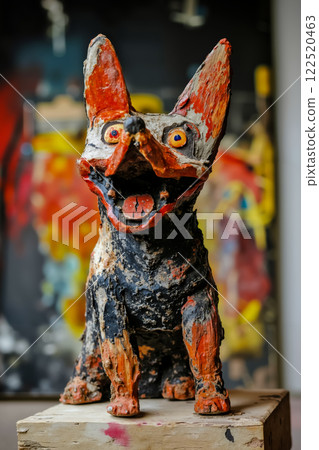 A sculpture of a dog sitting on top of a wooden block 122520463