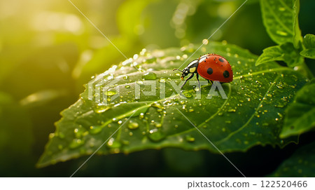 A ladybug sitting on a green leaf with water droplets A ladybug sitting on a green leaf with water droplets 122520466