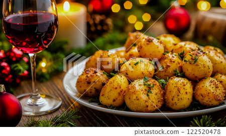 A plate of potatoes and a glass of wine on a table A plate of potatoes and a glass of wine on a table 122520478
