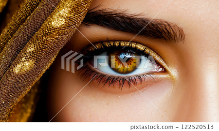 A close up of a woman's eye with a gold veil covering her face 122520513