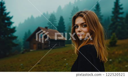 A woman standing in front of a cabin in the mountains 122520521