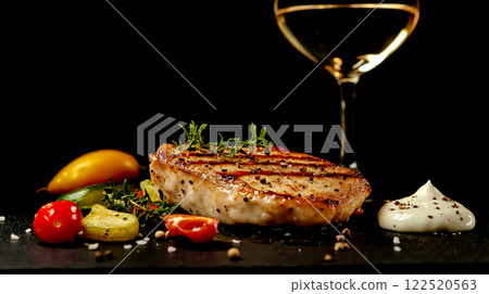A steak and a glass of wine on a black plate A steak and a glass of wine on a black plate 122520563