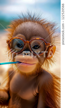 A baby orangutan wearing glasses with a straw in its mouth 122520566
