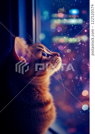 A cat looking out of a window at the night sky 122520574