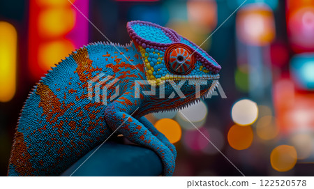 A colorful chameleon sitting on top of a person's hand 122520578