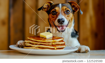A dog sitting at a table with a plate of pancakes and butter 122520580
