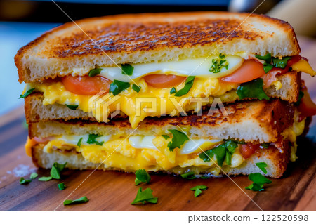 A grilled cheese sandwich cut in half on a cutting board 122520598