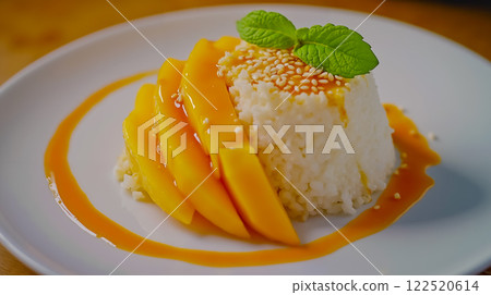 A white plate topped with rice covered in mangoes and sauce 122520614