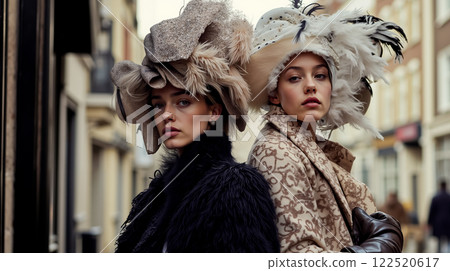 Two women wearing hats with feathers on their heads 122520617