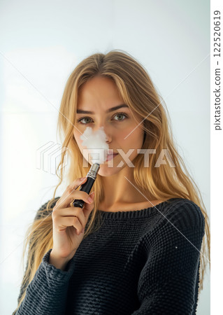A woman smoking an electronic cigarette in front of a window 122520619