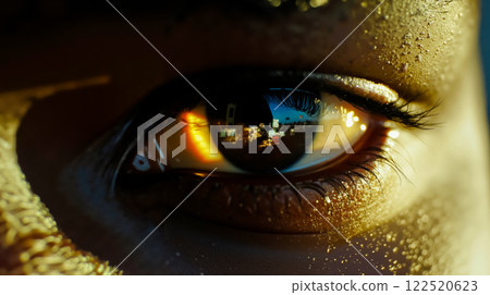 A close up of a woman's eye with a reflection of a city in it 122520623