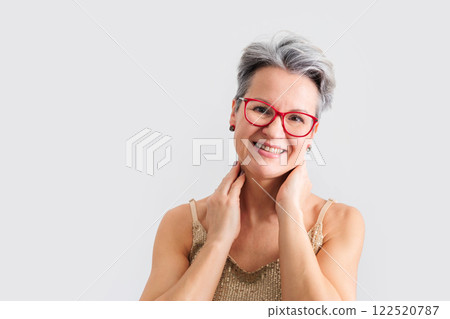 Closeup portrait of gorgeous happy middle aged mature woman, senior older 50 year lady 122520787