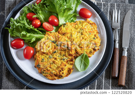 pumpkin carrot potato patties on plate, top view 122520820