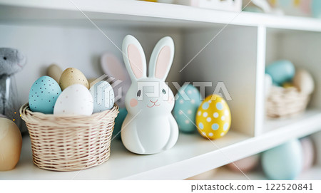 White Easter Bunny and Colorful Eggs in Basket on Shelf Decor White Easter Bunny and Colorful Eggs in Basket on Shelf Decor 122520841