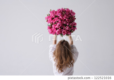 happy woman with big bouquet of peonies on white background, happy woman with big bouquet of peonies on white background, 122521016