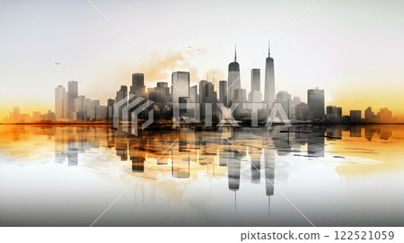 Stunning skyline reflection with skyscrapers mirrored in serene waters during sunset in a vibrant city 122521059