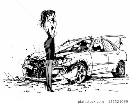 Stylish Woman Standing by Wrecked Car 122521089