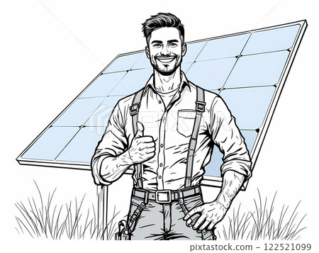 Smiling Technician with Solar Panel Illustration Smiling Technician with Solar Panel Illustration 122521099