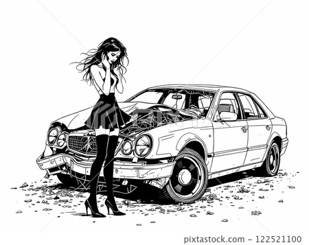 Distressed Woman Standing Near Damaged Car Illustration 122521100