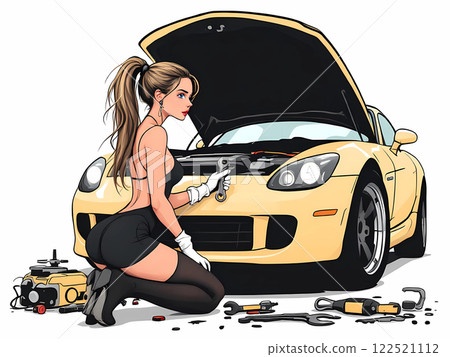 Stylish Woman Fixing Sports Car Illustration 122521112