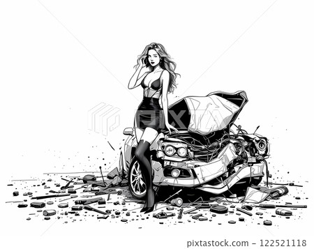 Stylish Woman Posing by a Wrecked Car Stylish Woman Posing by a Wrecked Car 122521118