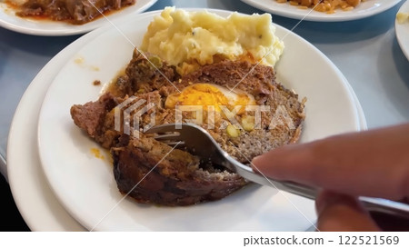 Close-Up of Slicing into a Hearty Meatloaf with Egg, and Mashed Potatoes on a White Plate Close-Up of Slicing into a Hearty Meatloaf with Egg, and Mashed Potatoes on a White Plate 122521569