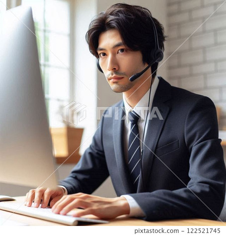 A businessman (young man) wearing a headset and having an online meeting 122521745