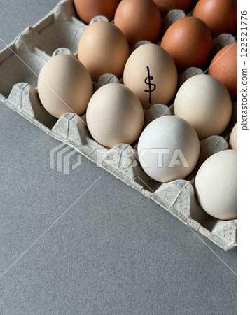 White and brown eggs in paper carton with a dollar sign written  122521776