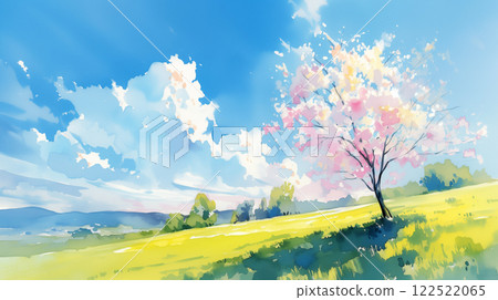 櫻花盛開，藍天白雲 | 粉紅色花朵和綠色草地在春日陽光下閃耀 122522065