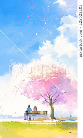 春山上相擁的情侶 | 櫻花盛開、藍天白雲環繞的寧靜時刻 122522103