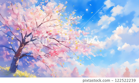 A single cherry tree in spring colors and a blue sky | A cherry tree in full bloom stands out against the rural landscape A single cherry tree in spring colors and a blue sky | A cherry tree in full bloom stands out against the rural landscape 122522239