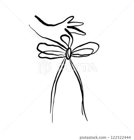 Bow in hand line art drawing in sketchy style. Hand holding decorative ribbon bow. Black linear design hand drawn vector illustration 122522444