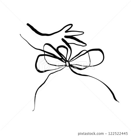 Bow in hand line art drawing in sketchy style. Hand holding decorative ribbon bow. Black linear design hand drawn vector illustration Bow in hand line art drawing in sketchy style. Hand holding decorative ribbon bow. Black linear design hand drawn vector illustration 122522445