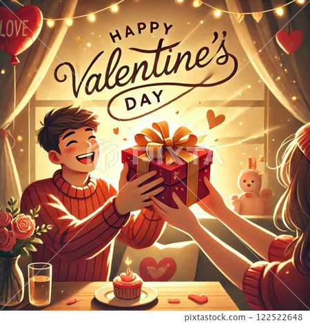 A girl giving a Valentine's Day present and a happy boy 122522648