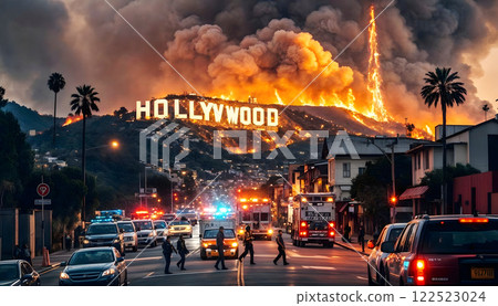 a dramatic scene with a massive fire burning on the Hollywood sign hill, casting a red and orange glow over the area. 122523024