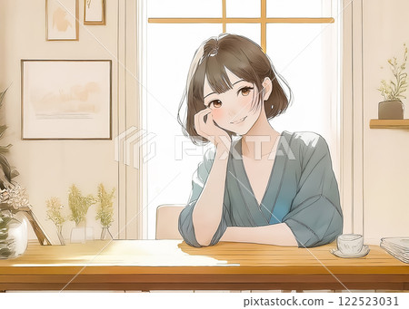 一位年輕女子在房間裡休息，托著下巴的圖片素材 122523031