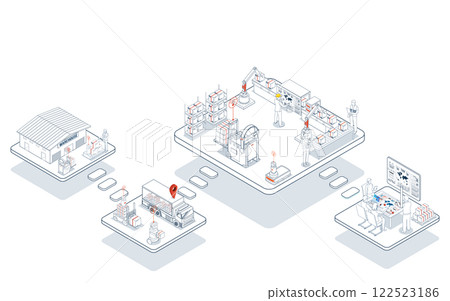 3D isometric Logistics warehouse operations blend manual and automated systems using forklifts, trucks, and AGVs for efficient material handling. 3D isometric Logistics warehouse operations blend manual and automated systems using forklifts, trucks, and AGVs for efficient material handling. 122523186