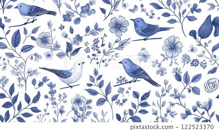 藍色的鳥和花的圖案 藍色的鳥和花的圖案 122523370