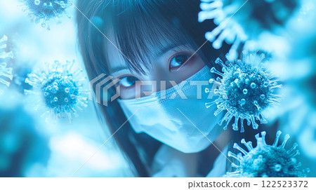一名戴著口罩的婦女和漂浮的病毒 122523372