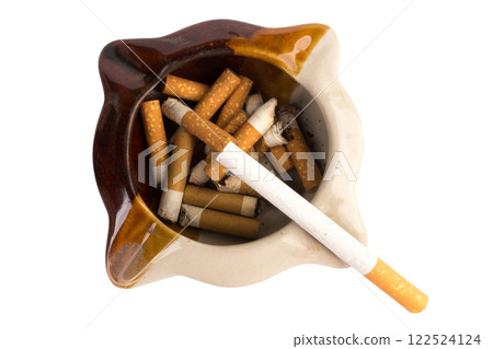 Ceramic ashtray with cigarette isolated on white background 122524124