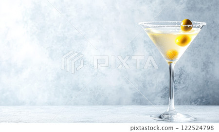 classic martini glass with olives, elegantly presented on textured surface classic martini glass with olives, elegantly presented on textured surface 122524798