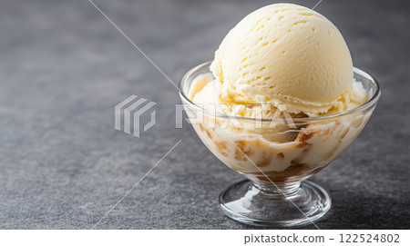 Creamy vanilla ice cream served in glass bowl, perfect for dessert 122524802