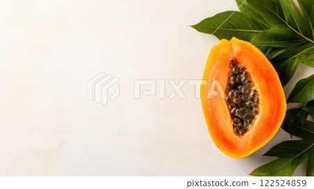 Fresh half cut papaya with seeds and green leaves on light background Fresh half cut papaya with seeds and green leaves on light background 122524859