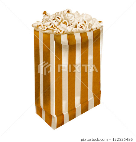 Popcorn in a package. Snack in a paper bag. Watercolor illustration without background. Striped classic retro design for cinema and circus souvenirs. airy light snacks. Popcorn in a package. Snack in a paper bag. Watercolor illustration without background. Striped classic retro design for cinema and circus souvenirs. airy light snacks. 122525486
