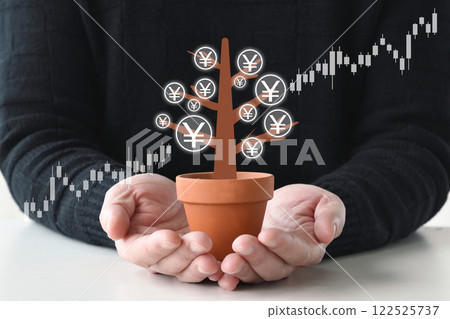 Image of wealth formation - A man protecting a money tree Image of wealth formation - A man protecting a money tree 122525737