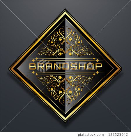 illustration of a golden label floral ornament black background 122525942