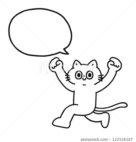 一隻有趣的貓舉起雙手跑來跑去，嘴裡還畫著一個對話泡泡 — 線條畫 122526187