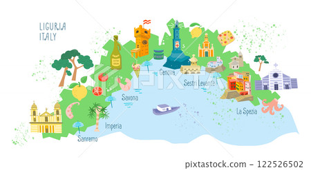 Map of Liguria, Italy. Sights and buildings. Traditional Mediterranean nature and food. Italy and tourism. Isolated illustration on white background. Map of Liguria, Italy. Sights and buildings. Traditional Mediterranean nature and food. Italy and tourism. Isolated illustration on white background. 122526502
