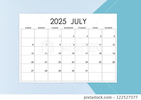 July calendar card for 2025 year on blue background. July calendar card for 2025 year on blue background. 122527377