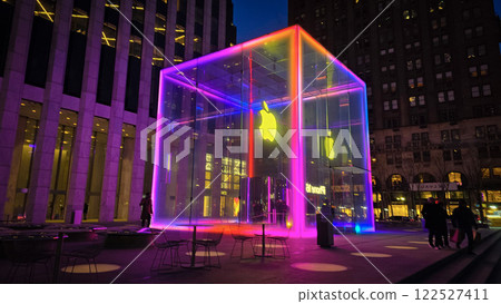 The cube, the infamous brightly illuminated glass structure for underground apple store located at fifth Avenue in New York City a 24 hours apple store in operation 122527411